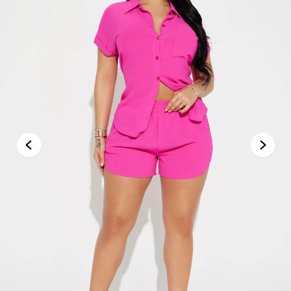 Vibrant Pink Button-Up Shirt and Shorts Set